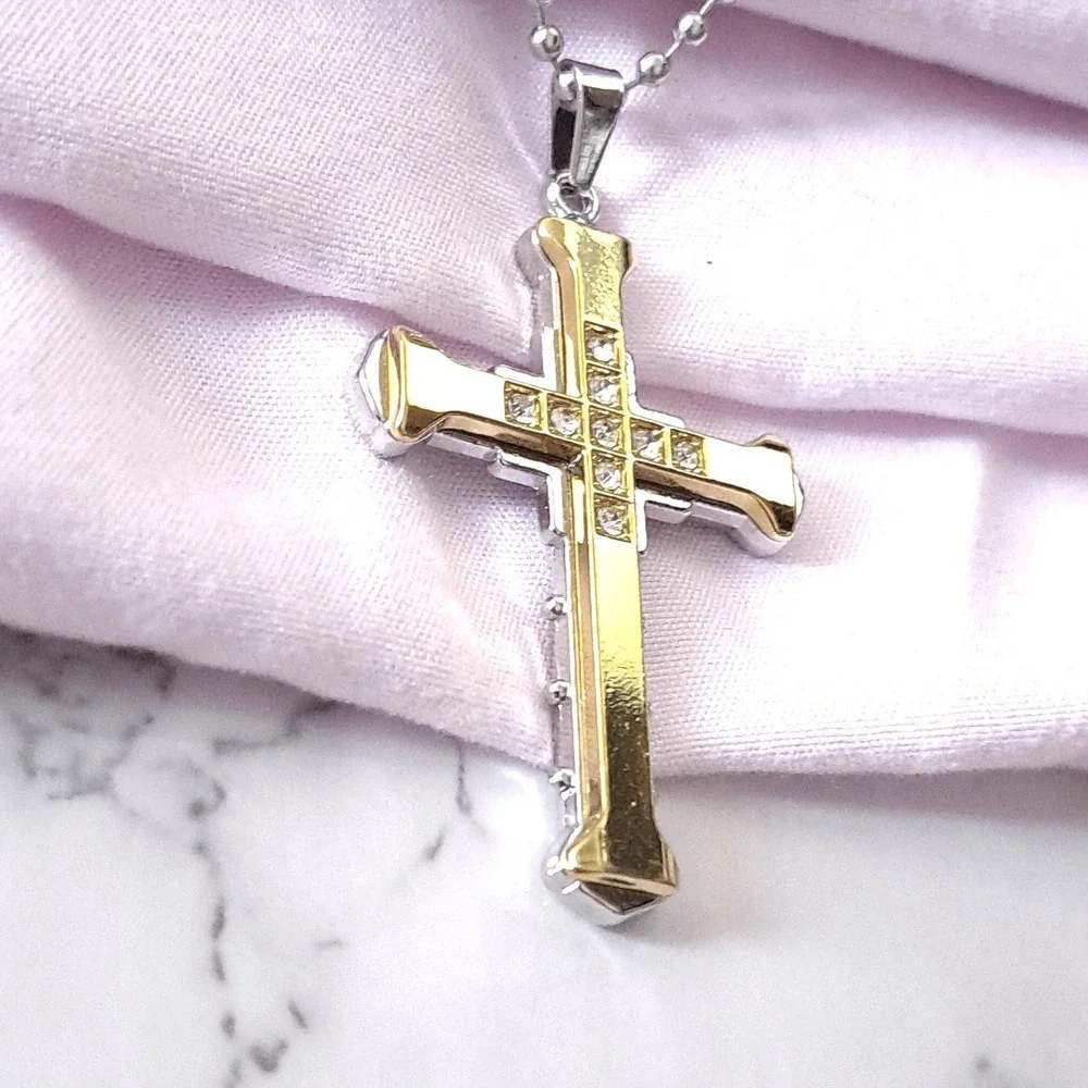 New Boutique Cross‎ Pendant Necklace Unisex Gold Silver Two Tone Crystal Inlay